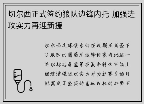 切尔西正式签约狼队边锋内托 加强进攻实力再迎新援 切尔西正式签约狼队边锋内托 加强进攻实力再迎新援