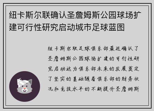 纽卡斯尔联确认圣詹姆斯公园球场扩建可行性研究启动城市足球蓝图